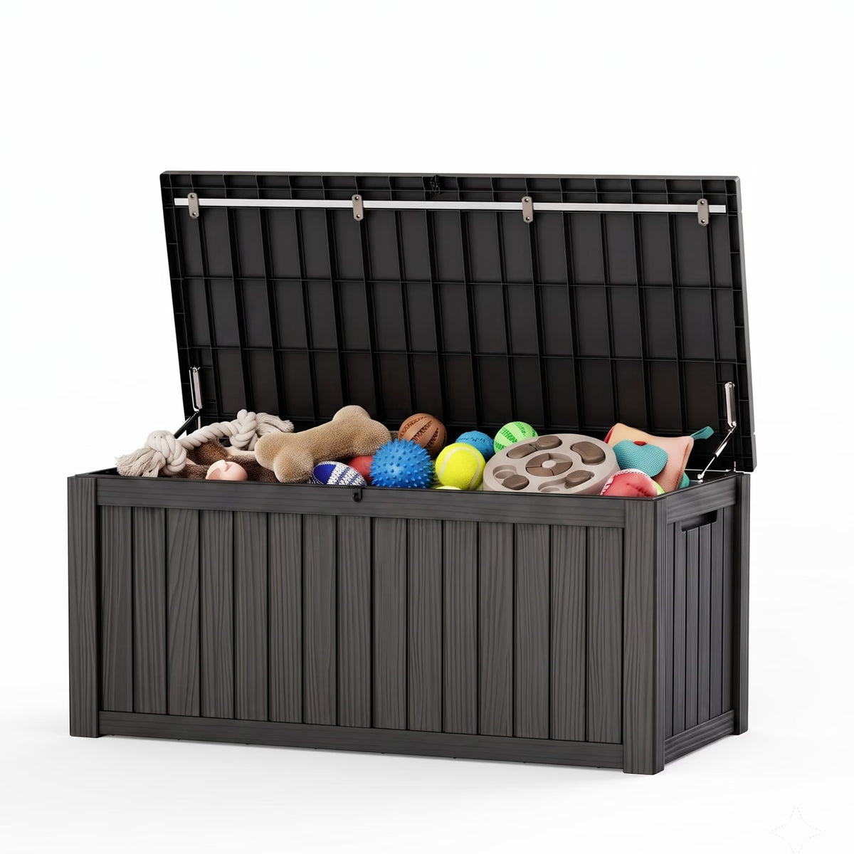 PLAYRANK Large Resin Outdoor Deck Storage Box, Waterproof Lockable Patio Organizer for Dog Toys, Pet Food & Pet Supplies, Weatherproof Wood Grain Design, Black/Gray.
