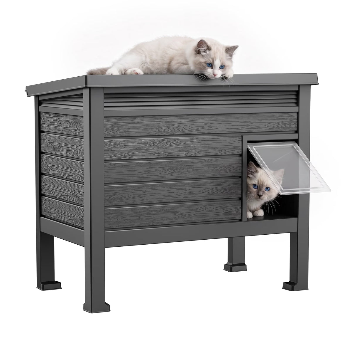 PLAYRANK Raised Base Weather Resistant Feral Cat Shelter, Single Compartment Outdoor Stray Cat House for Backyard Patio Use，Black.