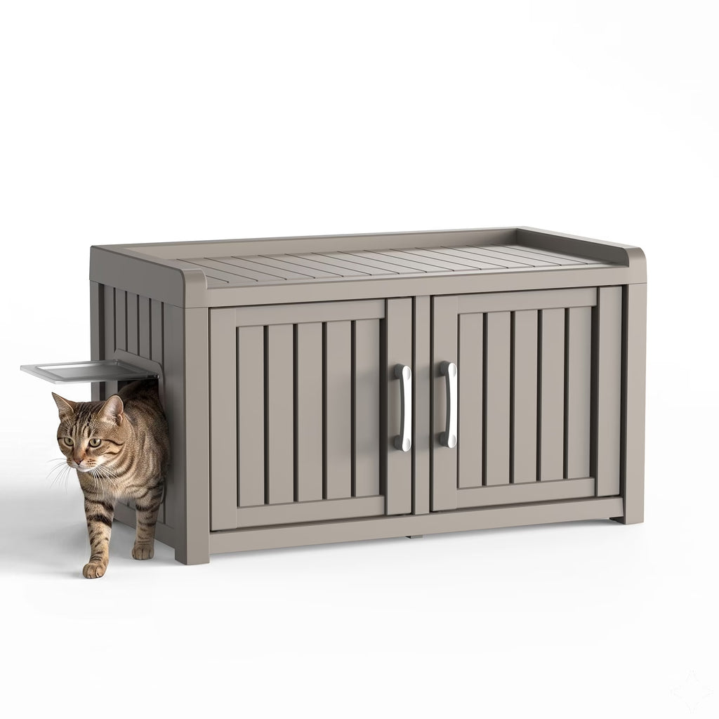 PLAYRANK Weatherproof Plastic Cat Litter Box Furniture Enclosure, Double Door Hidden Cat Toilet Cabinet, Multi-Purpose Pet Storage Bench, Indoor Outdoor Kitty Privacy House for Large Cats,Black/Gray.