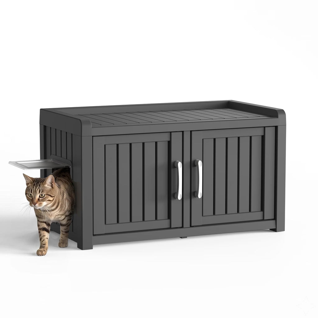 PLAYRANK Weatherproof Plastic Cat Litter Box Furniture Enclosure, Double Door Hidden Cat Toilet Cabinet, Multi-Purpose Pet Storage Bench, Indoor Outdoor Kitty Privacy House for Large Cats,Black/Gray.