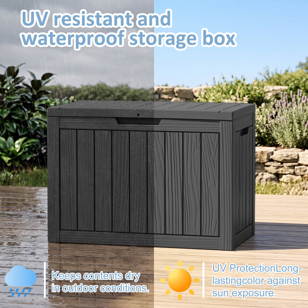 PLAYRANK 45 Gallon Resin Deck Storage Box, Waterproof Lockable Outdoor Patio Storage Bin for Dog & Cat Toys, Pet Food & Pet Supplies, Weather‑Resistant Wood Grain Design