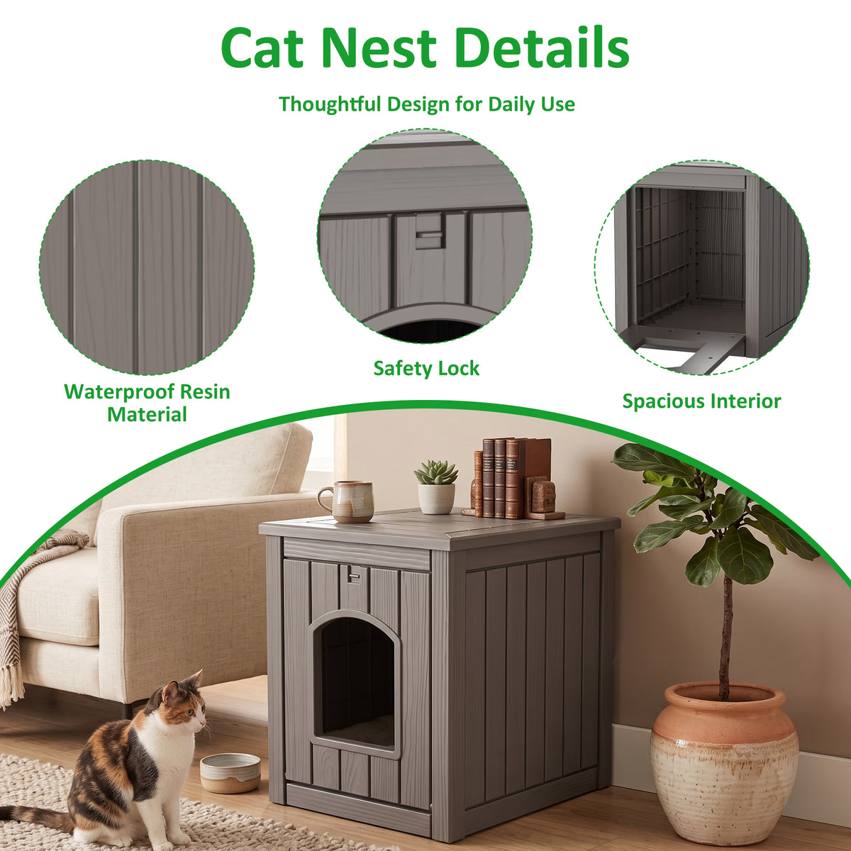 PLAYRANK Indoor Outdoor Plastic Cat Kennel with Flat Load-Bearing Top, Multi-Purpose Pet House Can Be Used as Patio Storage Side Table for Small Pets