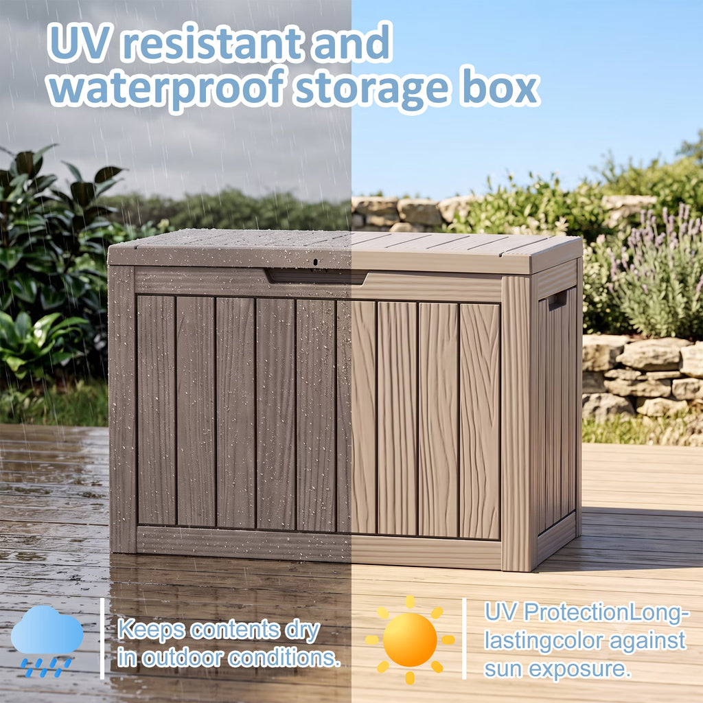 PLAYRANK 45 Gallon Resin Deck Storage Box, Waterproof Lockable Outdoor Patio Storage Bin for Dog & Cat Toys, Pet Food & Pet Supplies, Weather‑Resistant Wood Grain Design