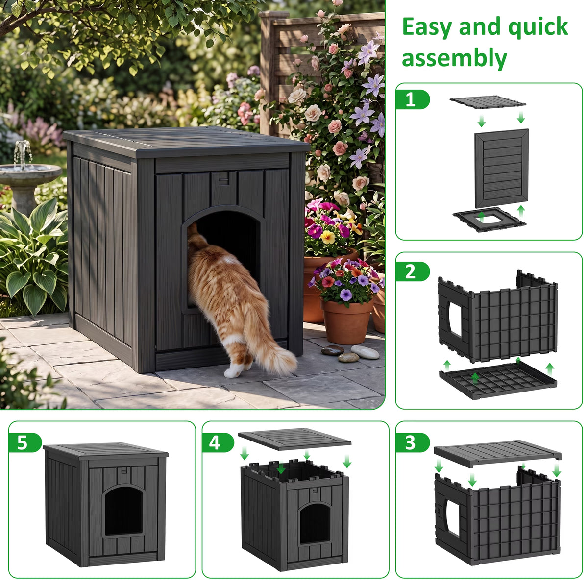 PLAYRANK Indoor Outdoor Plastic Cat Kennel with Flat Load-Bearing Top, Multi-Purpose Pet House Can Be Used as Patio Storage Side Table for Small Pets