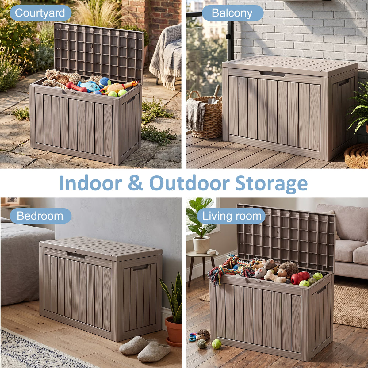 PLAYRANK 45 Gallon Resin Deck Storage Box, Waterproof Lockable Outdoor Patio Storage Bin for Dog & Cat Toys, Pet Food & Pet Supplies, Weather‑Resistant Wood Grain Design