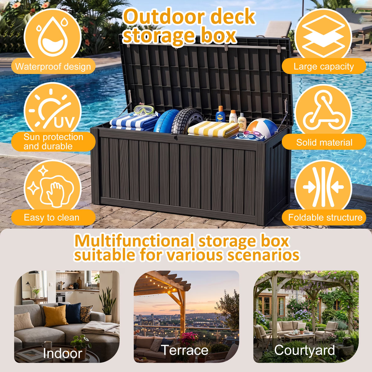 PLAYRANK Large Resin Outdoor Deck Storage Box, Waterproof Lockable Patio Organizer for Dog Toys, Pet Food & Pet Supplies, Weatherproof Wood Grain Design, Black/Gray.