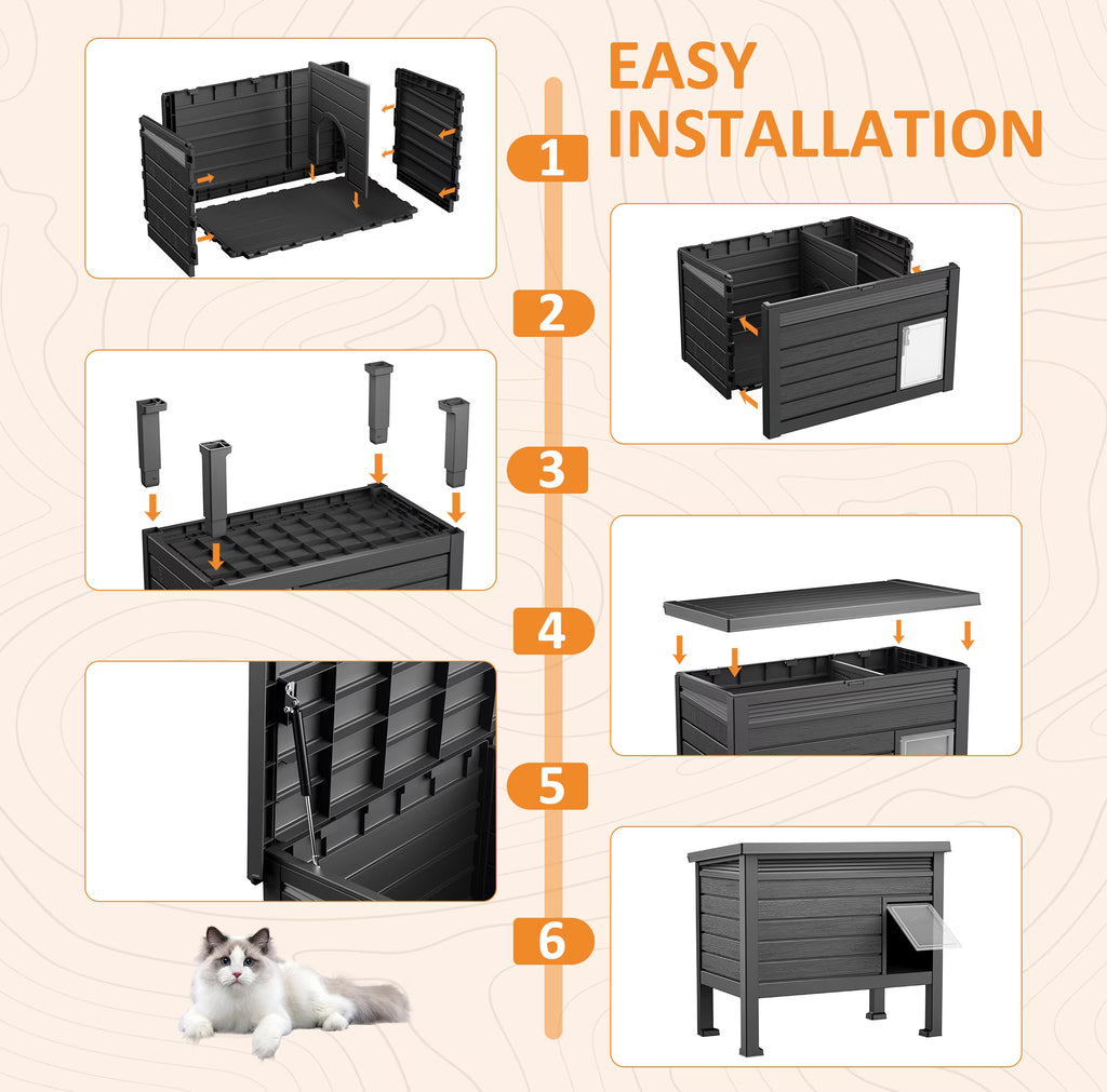 PLAYRANK Raised Base Weather Resistant Feral Cat Shelter, Single Compartment Outdoor Stray Cat House for Backyard Patio Use，Black.