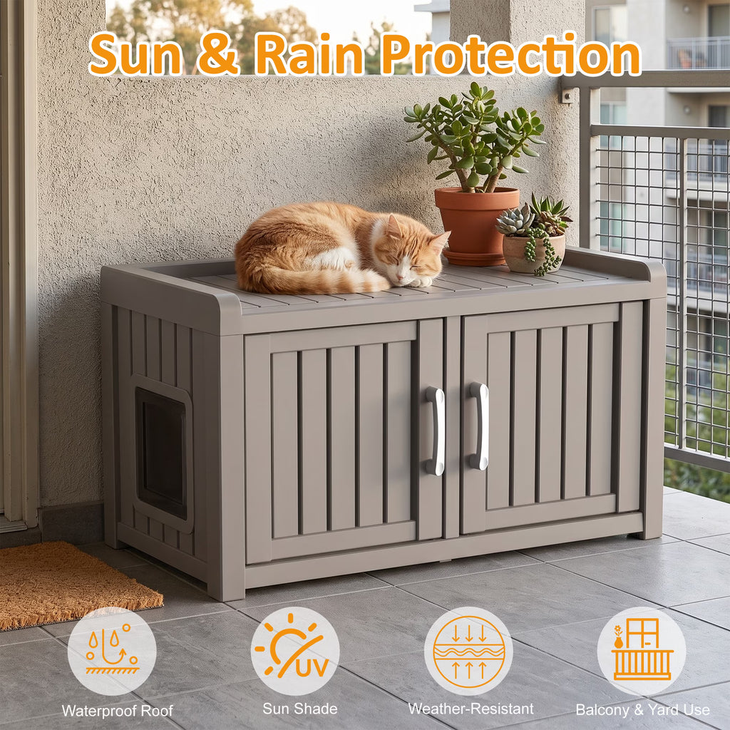 PLAYRANK Weatherproof Plastic Cat Litter Box Furniture Enclosure, Double Door Hidden Cat Toilet Cabinet, Multi-Purpose Pet Storage Bench, Indoor Outdoor Kitty Privacy House for Large Cats,Black/Gray.