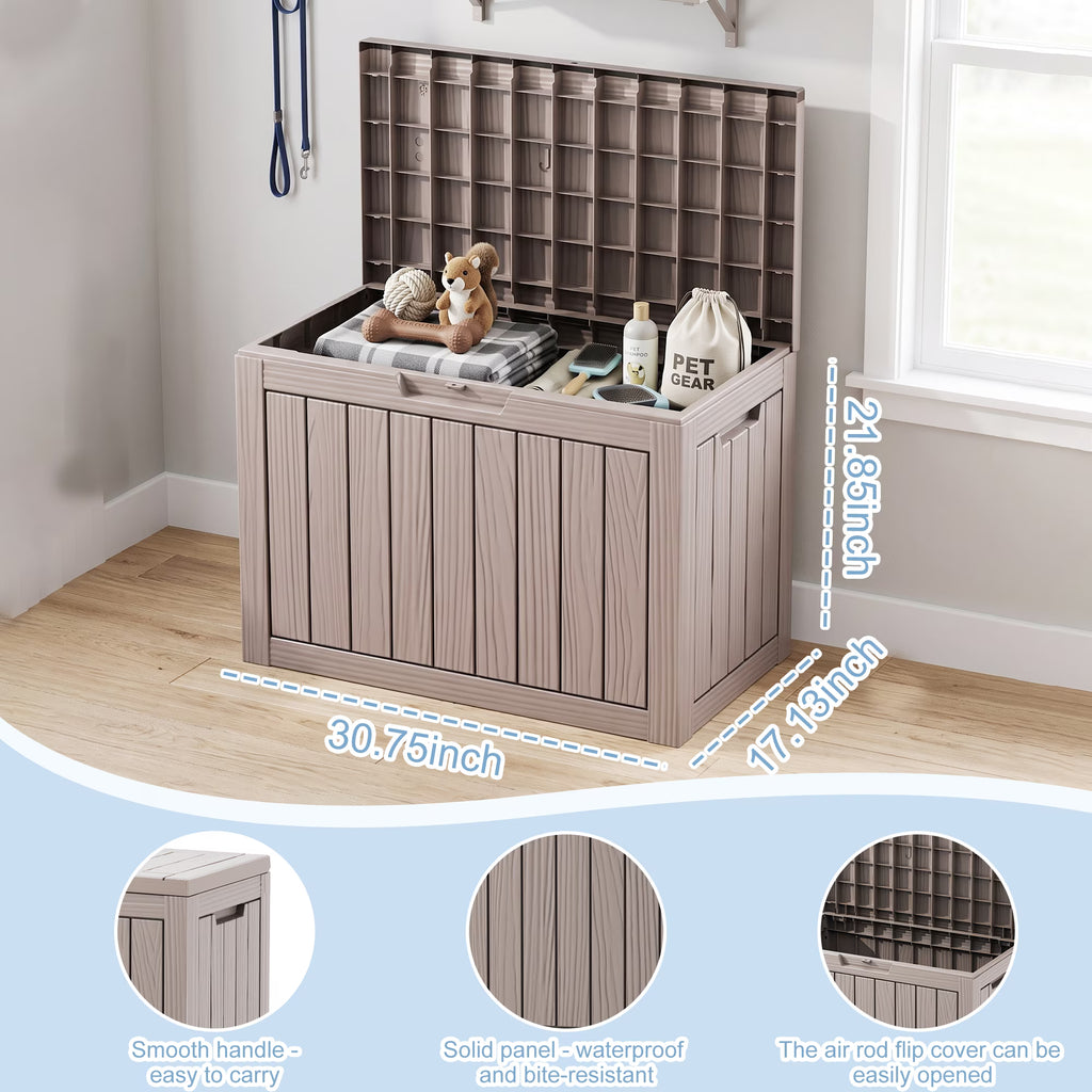 PLAYRANK 45 Gallon Resin Deck Storage Box, Waterproof Lockable Outdoor Patio Storage Bin for Dog & Cat Toys, Pet Food & Pet Supplies, Weather‑Resistant Wood Grain Design