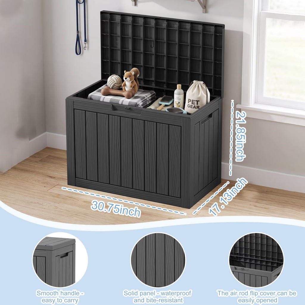 PLAYRANK 45 Gallon Resin Deck Storage Box, Waterproof Lockable Outdoor Patio Storage Bin for Dog & Cat Toys, Pet Food & Pet Supplies, Weather‑Resistant Wood Grain Design