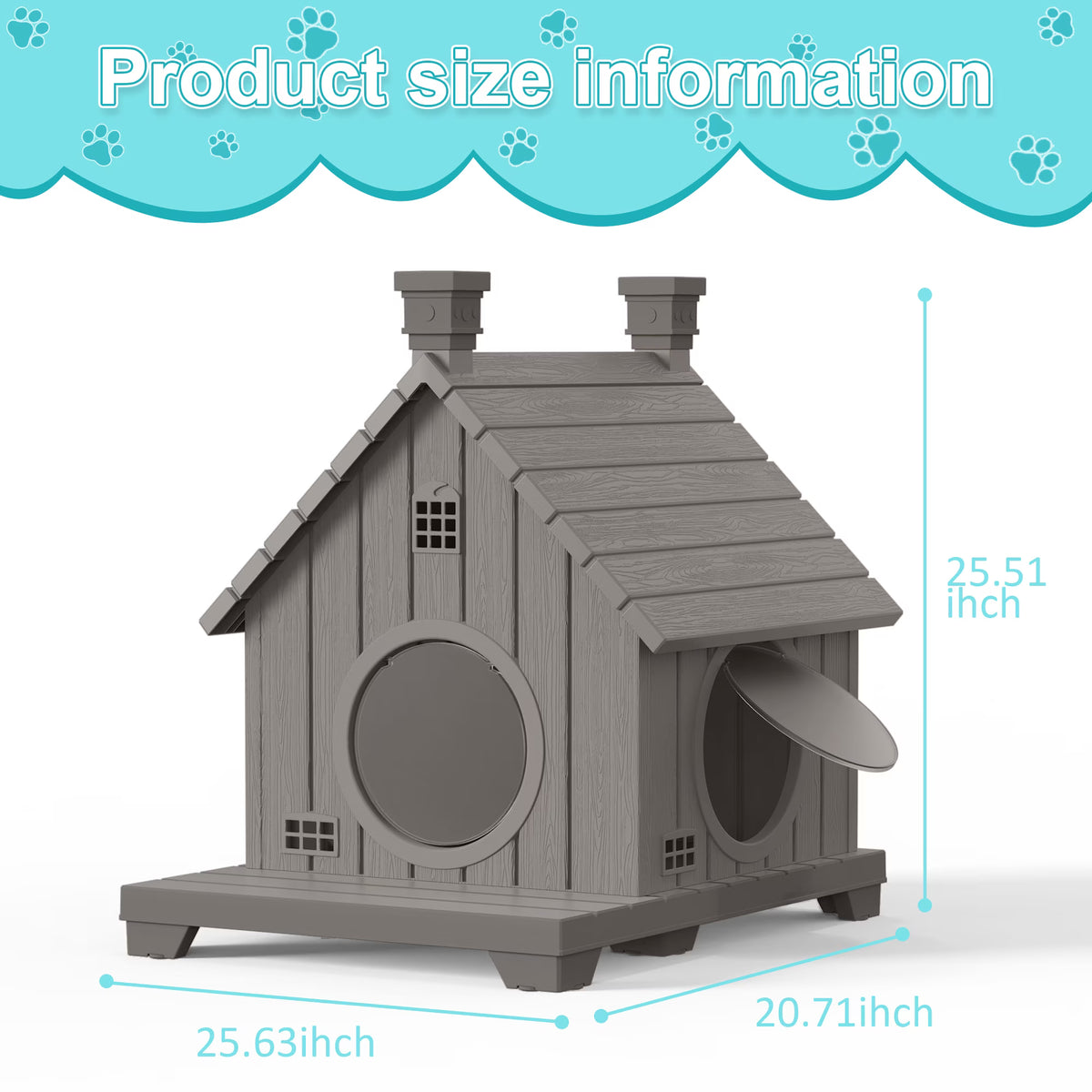 PLAYRANK All-Weather Resin Cat House with Two Round Doors, Raised Base Waterproof Outdoor Cat Cottage, Sturdy Pet Shelter for Stray & House Cats，Blue/ Gray.