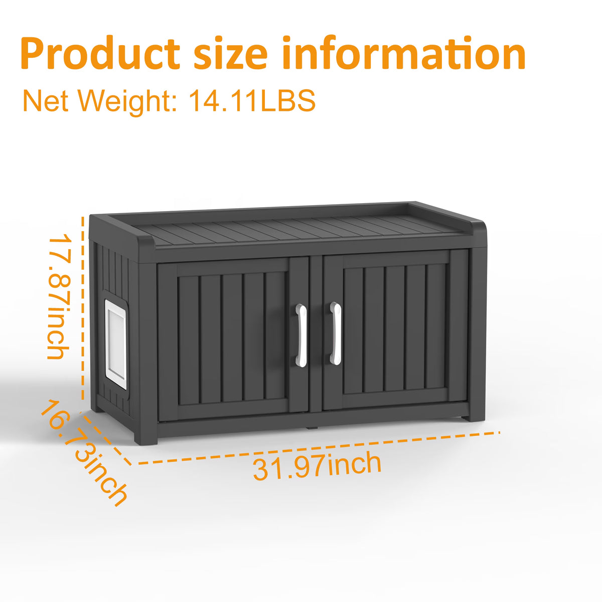 PLAYRANK Weatherproof Plastic Cat Litter Box Furniture Enclosure, Double Door Hidden Cat Toilet Cabinet, Multi-Purpose Pet Storage Bench, Indoor Outdoor Kitty Privacy House for Large Cats,Black/Gray.