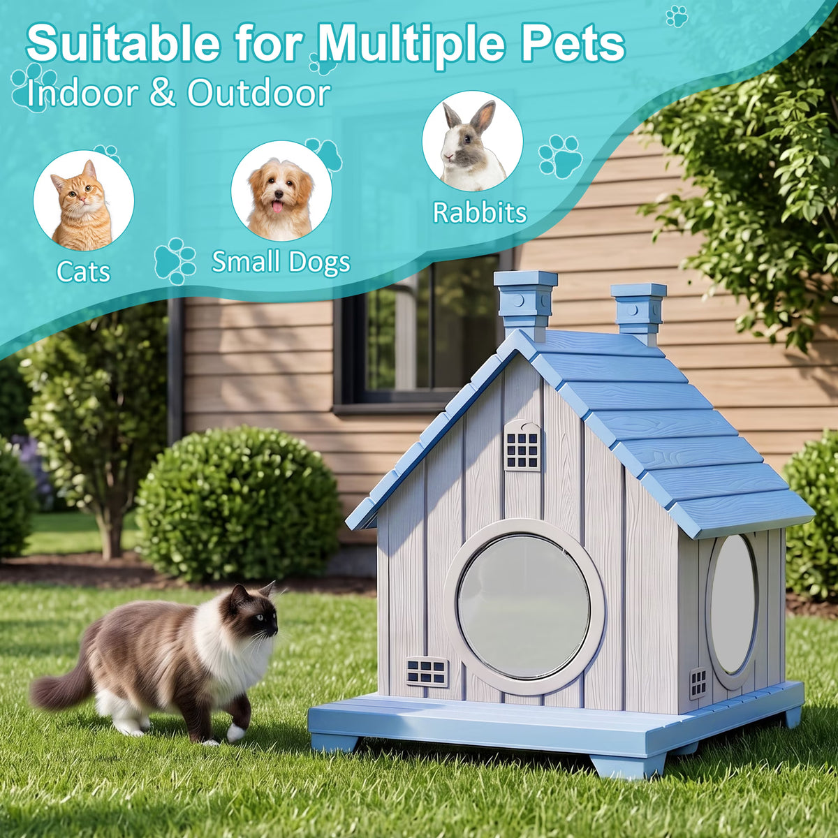 PLAYRANK All-Weather Resin Cat House with Two Round Doors, Raised Base Waterproof Outdoor Cat Cottage, Sturdy Pet Shelter for Stray & House Cats，Blue/ Gray.