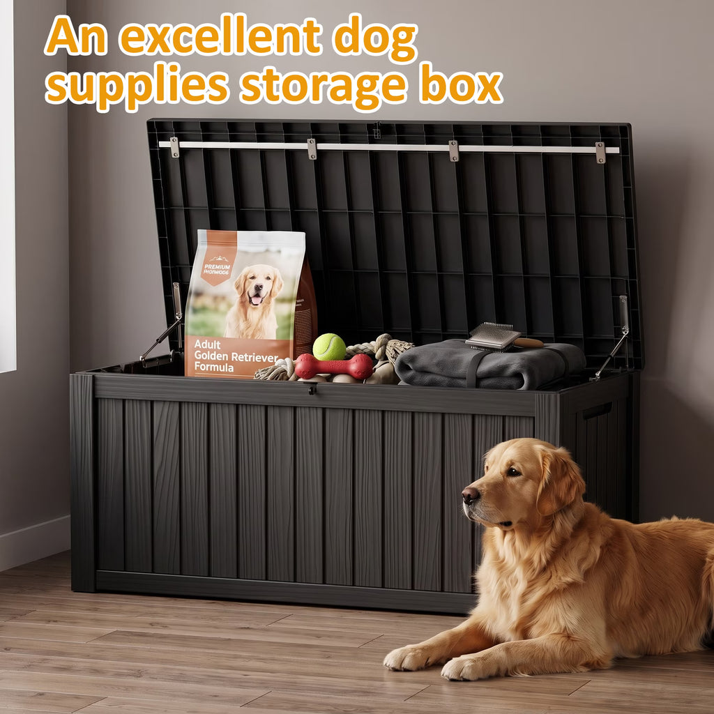 PLAYRANK Large Resin Outdoor Deck Storage Box, Waterproof Lockable Patio Organizer for Dog Toys, Pet Food & Pet Supplies, Weatherproof Wood Grain Design, Black/Gray.