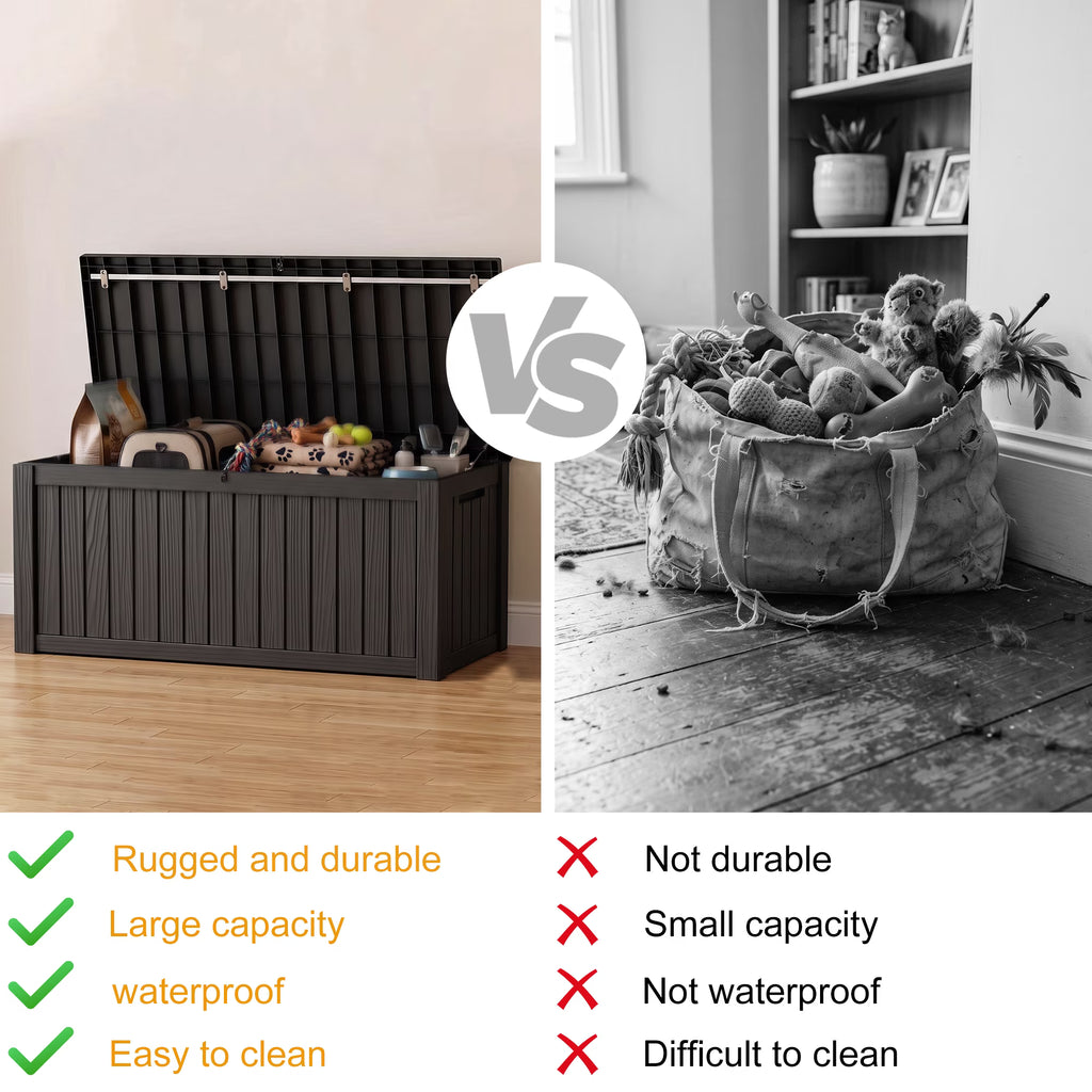 PLAYRANK Large Resin Outdoor Deck Storage Box, Waterproof Lockable Patio Organizer for Dog Toys, Pet Food & Pet Supplies, Weatherproof Wood Grain Design, Black/Gray.