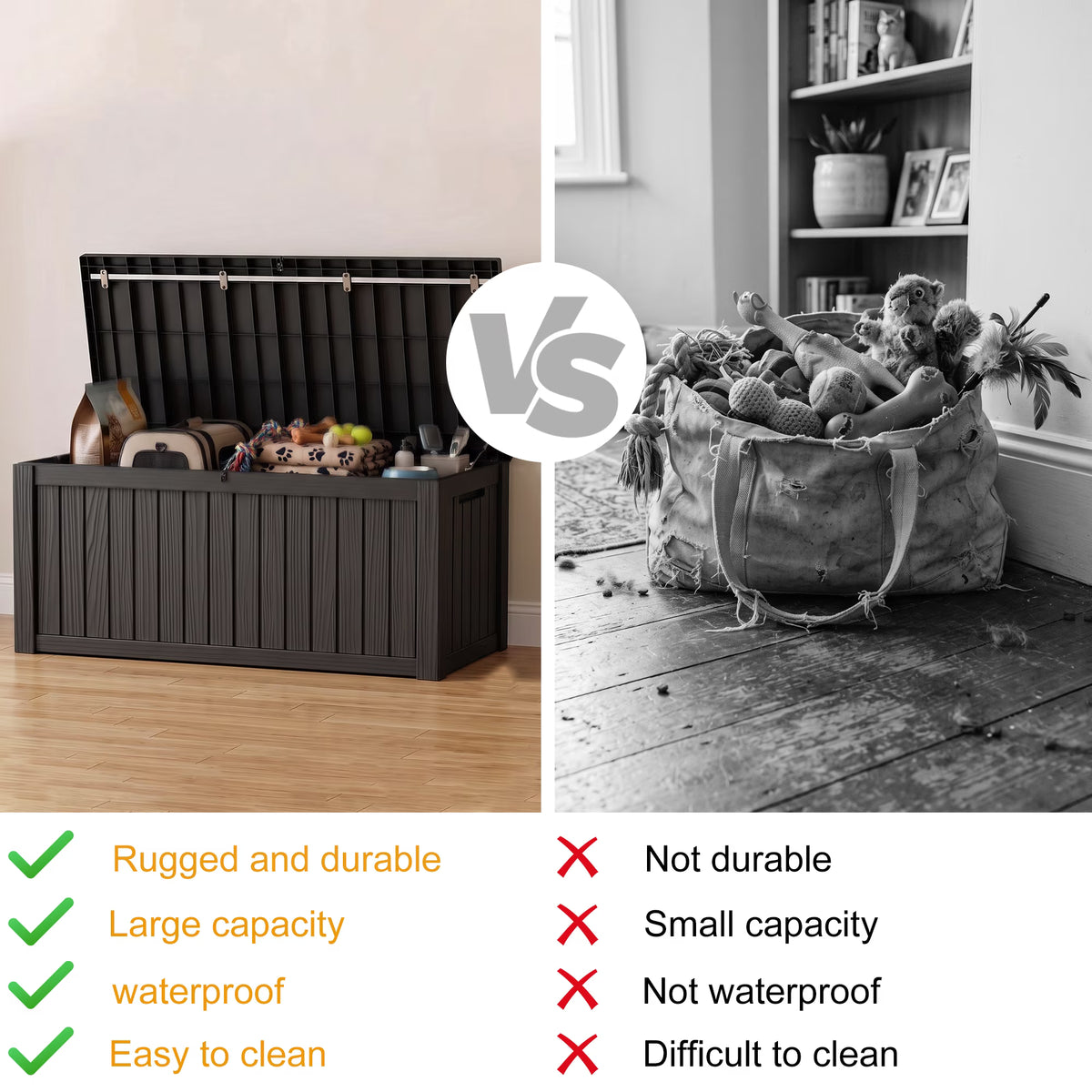 PLAYRANK Large Resin Outdoor Deck Storage Box, Waterproof Lockable Patio Organizer for Dog Toys, Pet Food & Pet Supplies, Weatherproof Wood Grain Design, Black/Gray.