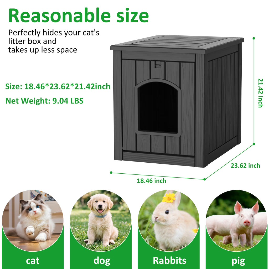 PLAYRANK Indoor Outdoor Plastic Cat Kennel with Flat Load-Bearing Top, Multi-Purpose Pet House Can Be Used as Patio Storage Side Table for Small Pets