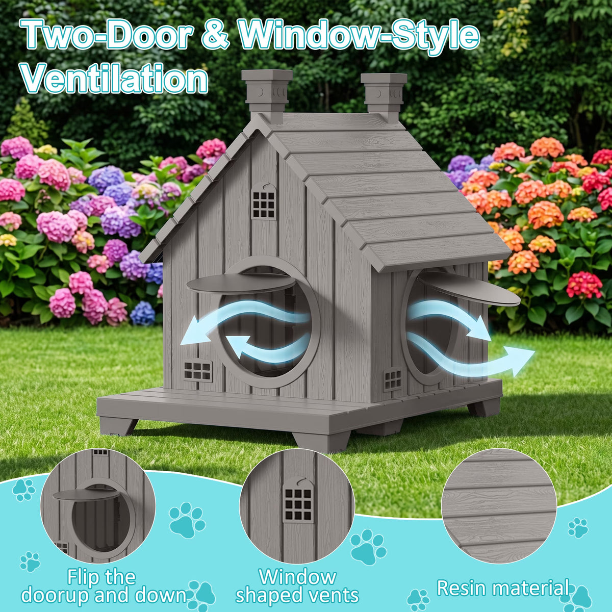 PLAYRANK All-Weather Resin Cat House with Two Round Doors, Raised Base Waterproof Outdoor Cat Cottage, Sturdy Pet Shelter for Stray & House Cats，Blue/ Gray.