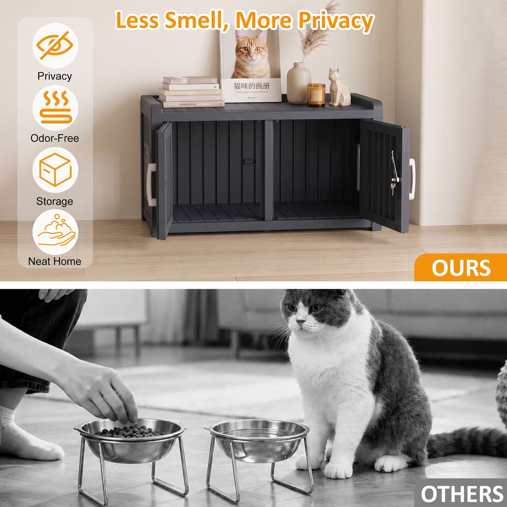 PLAYRANK Weatherproof Plastic Cat Litter Box Furniture Enclosure, Double Door Hidden Cat Toilet Cabinet, Multi-Purpose Pet Storage Bench, Indoor Outdoor Kitty Privacy House for Large Cats,Black/Gray.