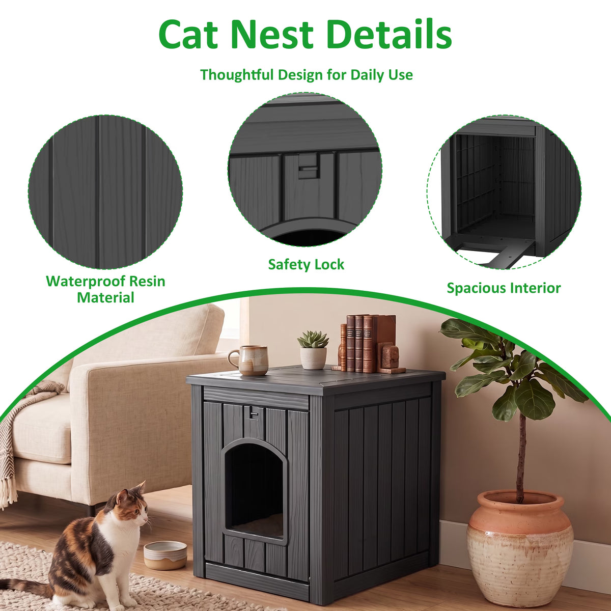 PLAYRANK Indoor Outdoor Plastic Cat Kennel with Flat Load-Bearing Top, Multi-Purpose Pet House Can Be Used as Patio Storage Side Table for Small Pets