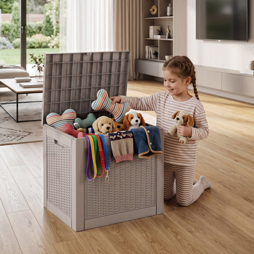 PLAYRANK 30 Gallon Rattan Textured Resin Deck Box, Waterproof Lockable Indoor Outdoor Storage Bin, Organizer for Dog Toys, Patio Cushions, Garden Tools & Pool Accessories, Black/Gray