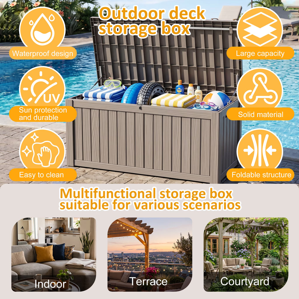 PLAYRANK Large Resin Outdoor Deck Storage Box, Waterproof Lockable Patio Organizer for Dog Toys, Pet Food & Pet Supplies, Weatherproof Wood Grain Design, Black/Gray.