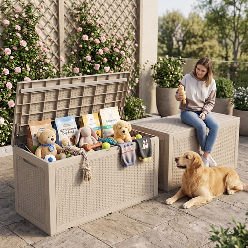 PLAYRANK 100 Gallon Resin Rattan Deck Storage Box, Waterproof Lockable Outdoor Patio Storage Bin for Dog Toys, Pet Food & Pet Supplies, Weather‑Resistant Rattan‑Style Design