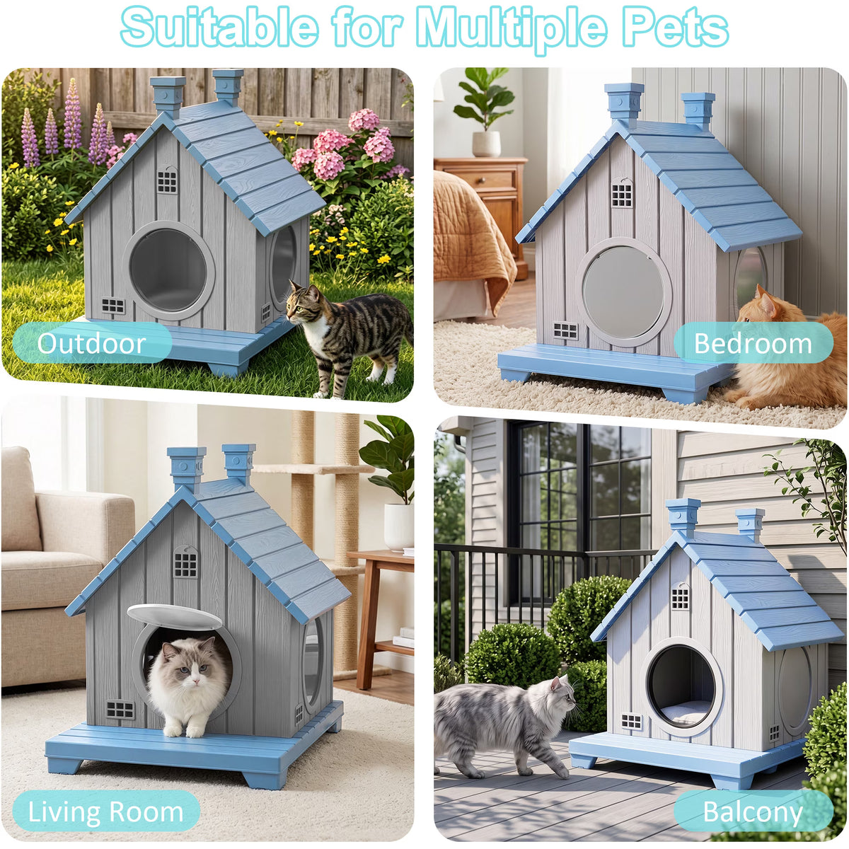 PLAYRANK All-Weather Resin Cat House with Two Round Doors, Raised Base Waterproof Outdoor Cat Cottage, Sturdy Pet Shelter for Stray & House Cats，Blue/ Gray.