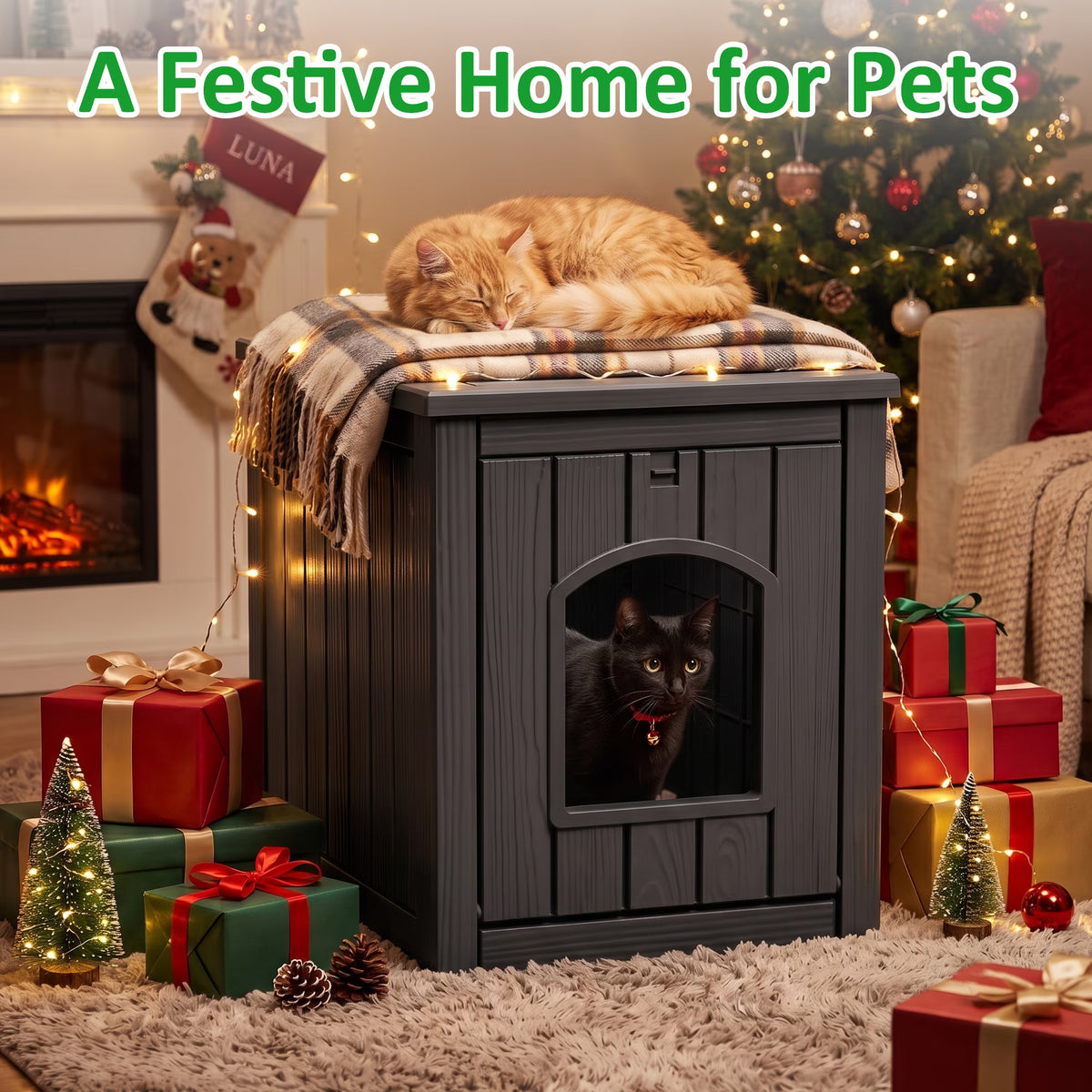 PLAYRANK Indoor Outdoor Plastic Cat Kennel with Flat Load-Bearing Top, Multi-Purpose Pet House Can Be Used as Patio Storage Side Table for Small Pets