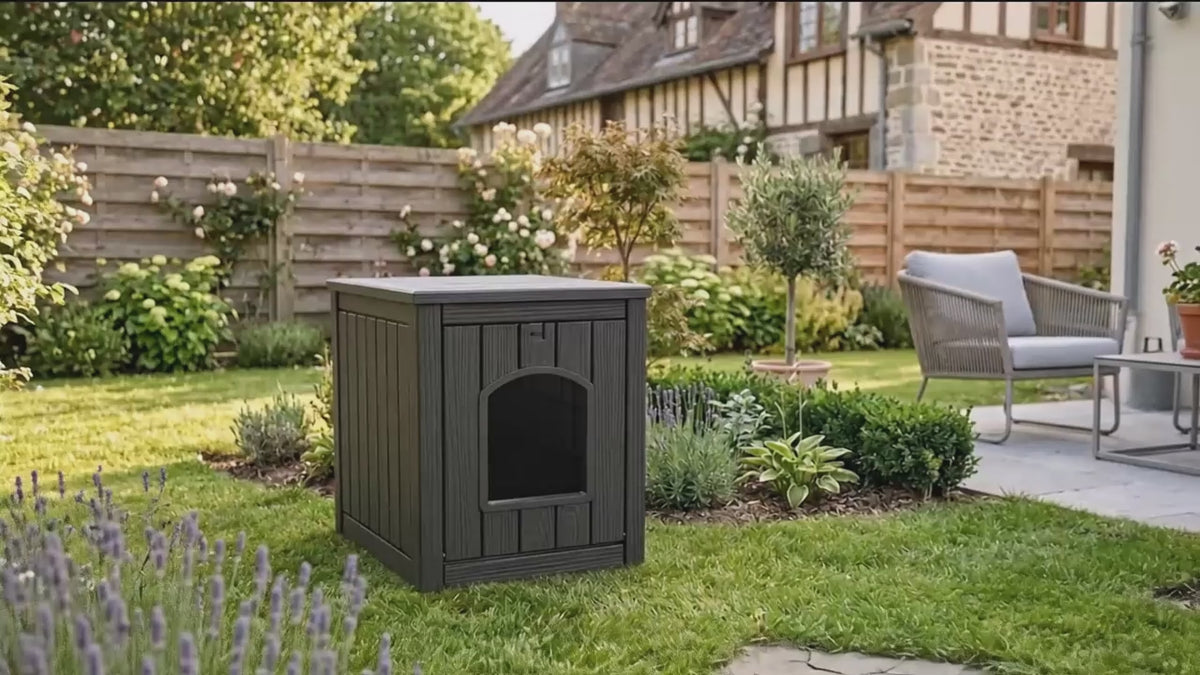 PLAYRANK Indoor Outdoor Plastic Cat Kennel with Flat Load-Bearing Top, Multi-Purpose Pet House Can Be Used as Patio Storage Side Table for Small Pets