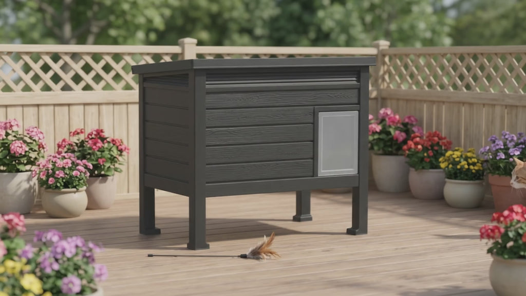 PLAYRANK Raised Base Weather Resistant Feral Cat Shelter, Single Compartment Outdoor Stray Cat House for Backyard Patio Use，Black.