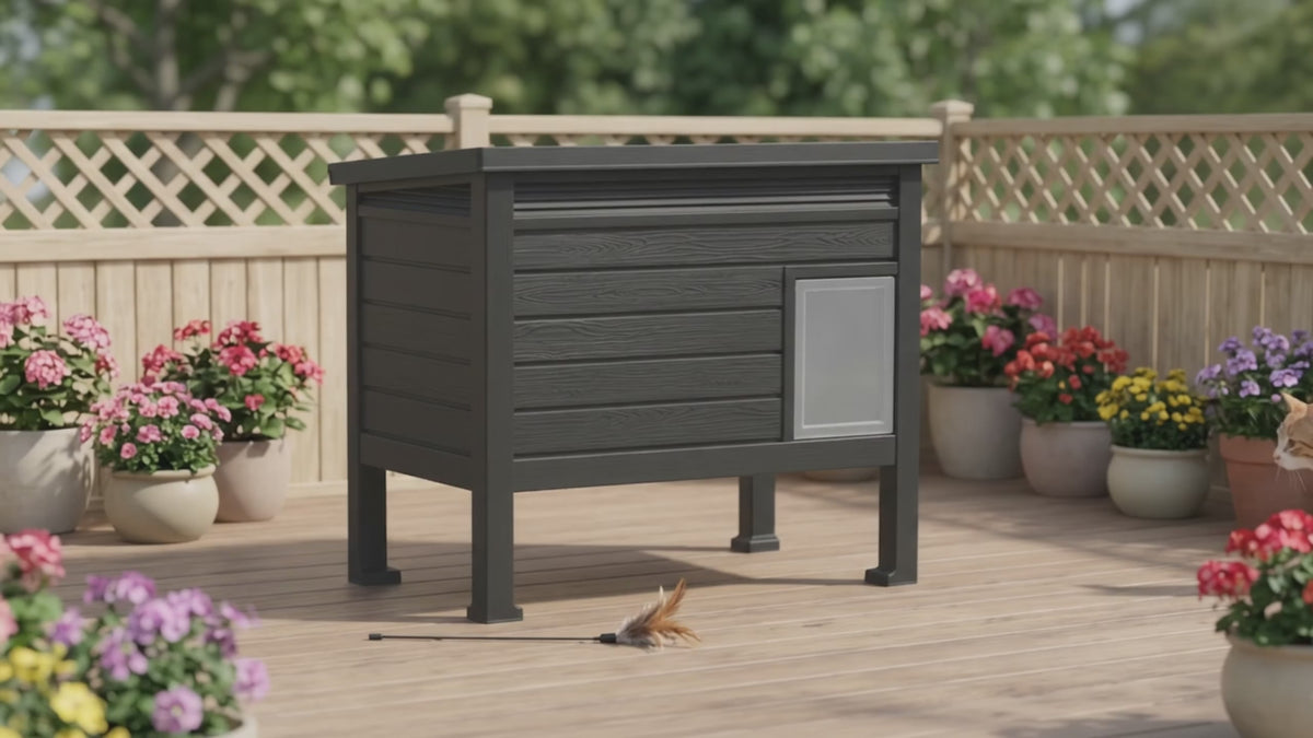 PLAYRANK Raised Base Weather Resistant Feral Cat Shelter, Single Compartment Outdoor Stray Cat House for Backyard Patio Use，Black.